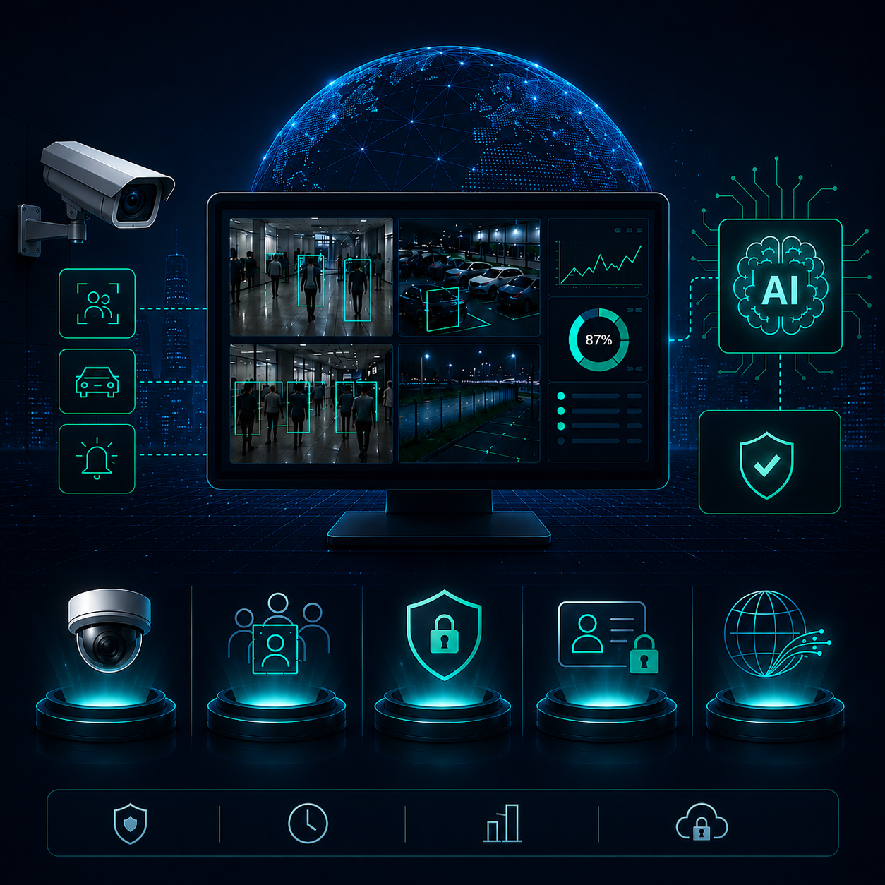 Panel visual de CG SecureSight AI con analítica, cámaras y monitoreo de seguridad