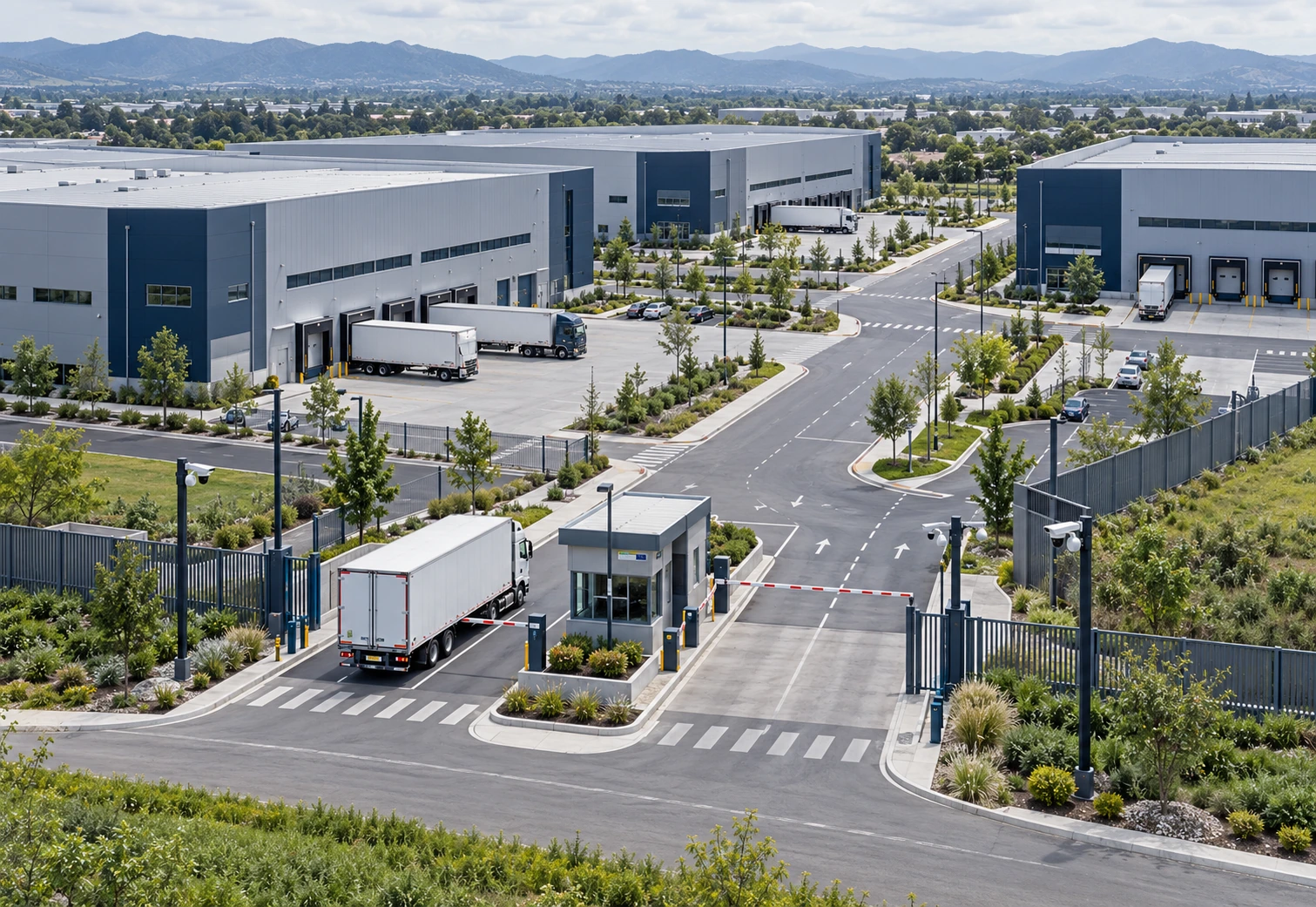 Ilustración de un parque industrial con naves, accesos y vialidades internas